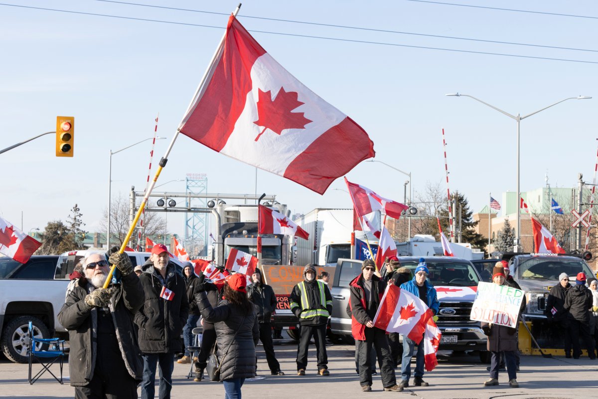 Protestors block traffic at the Ambassador Bridge, linking Windsor, Ontario and Detroit on Wednesday, February 9, 2022. The demonstration in solidarity with protests in Ottawa against COVID-19 restrictions has blocked traffic into Canada on the Ambassador Bridge linking Windsor and Detroit since Monday and is the the single busiest commercial crossing in North America. 