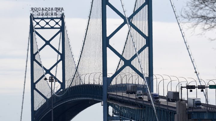 Traffic flows over the Ambassador Bridge in Detroit Monday, Feb. 14, 2022 after protesters blocked the major border crossing for nearly a week in Windsor, Ontario.