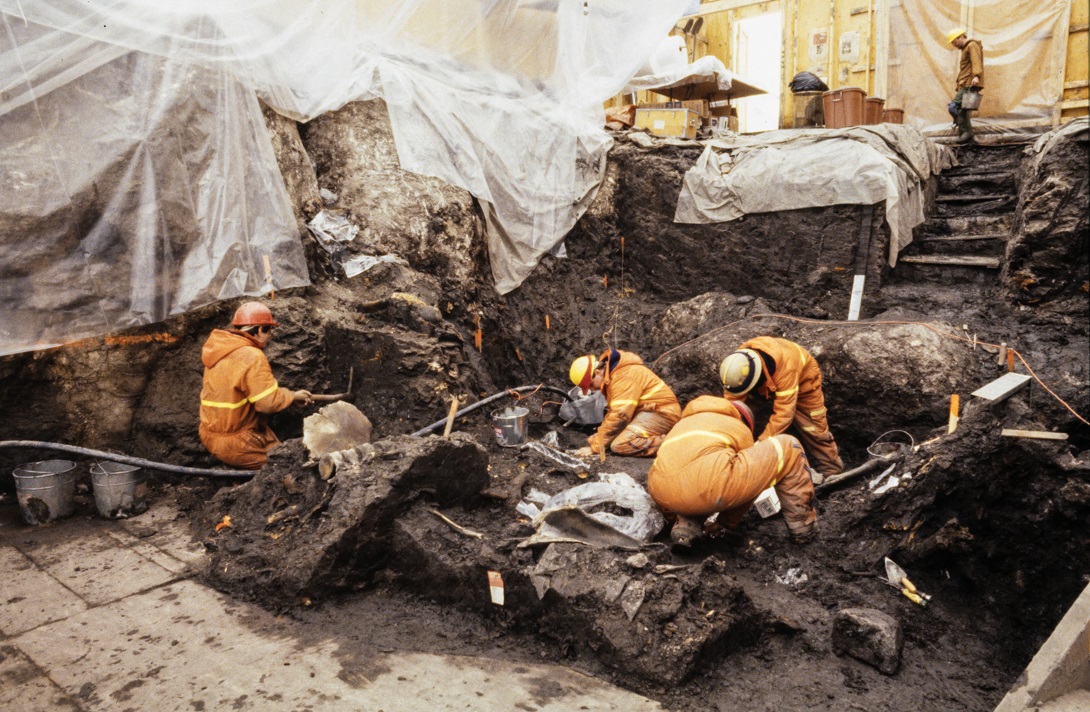 Museum staff excavating the mastodon bones from the sinkhole mud at the Milford Gypsum Quarry, 1992.