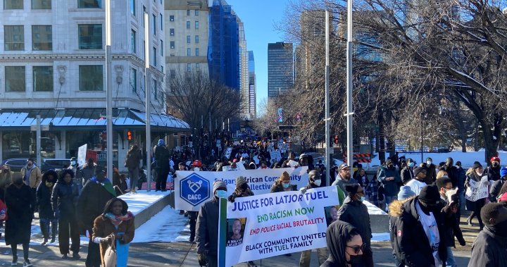 Demonstrators gather in downtown Calgary demanding justice for Latjor Tuel