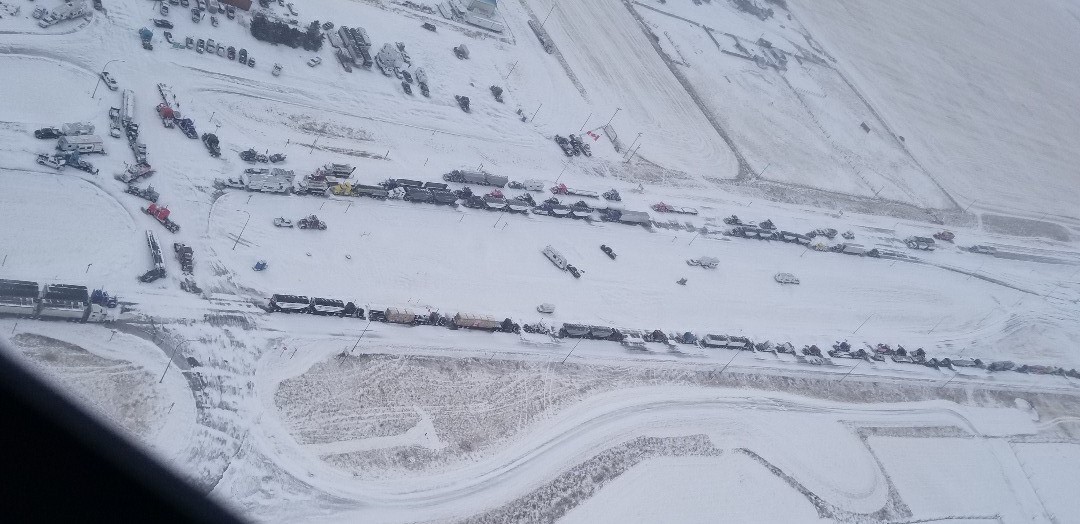 A aerial look at the trucker protest at the Coutts border crossing Tuesday, Feb. 1, 2022.