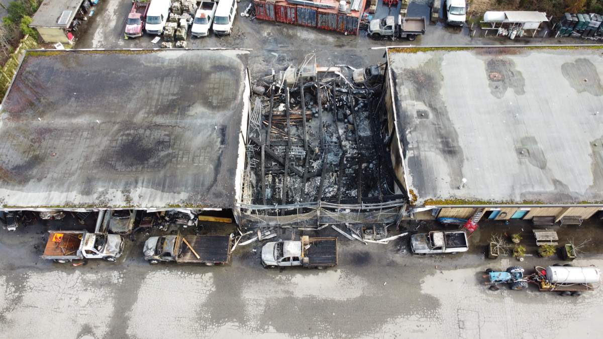 An aerial view of the aftermath of a suspicious fire at the PNE.