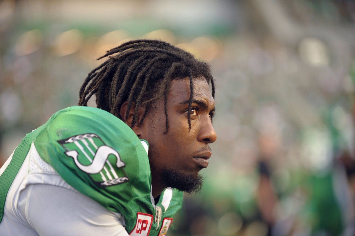 Duron Carter sits on the Riders sidelines.