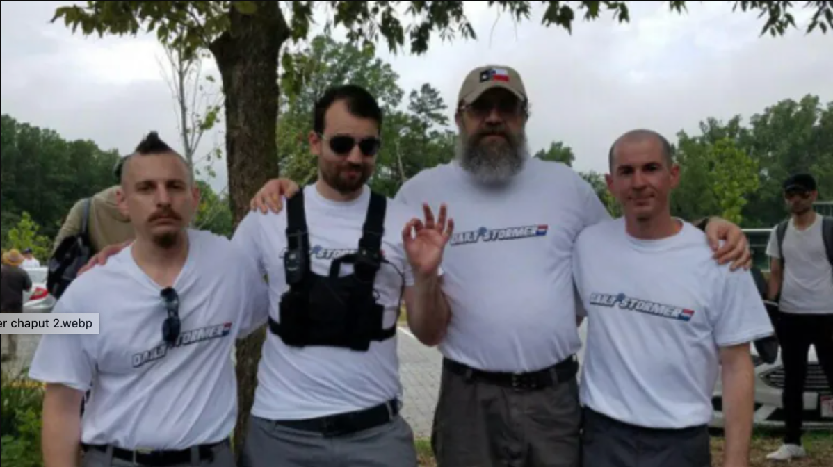 Gabriel Sohier-Chaput, centre-left, is pictured wearing a Daily Stormer t-shirt.