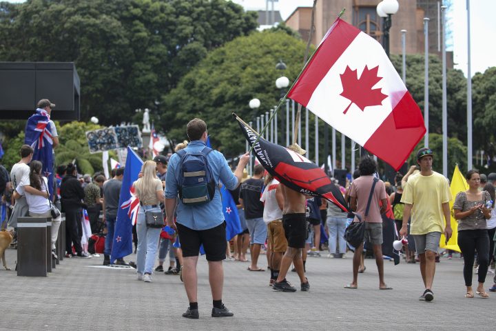 A protester waves a Canadian flag during a rally at Parliament on February 08, 2022 in Wellington, New Zealand.