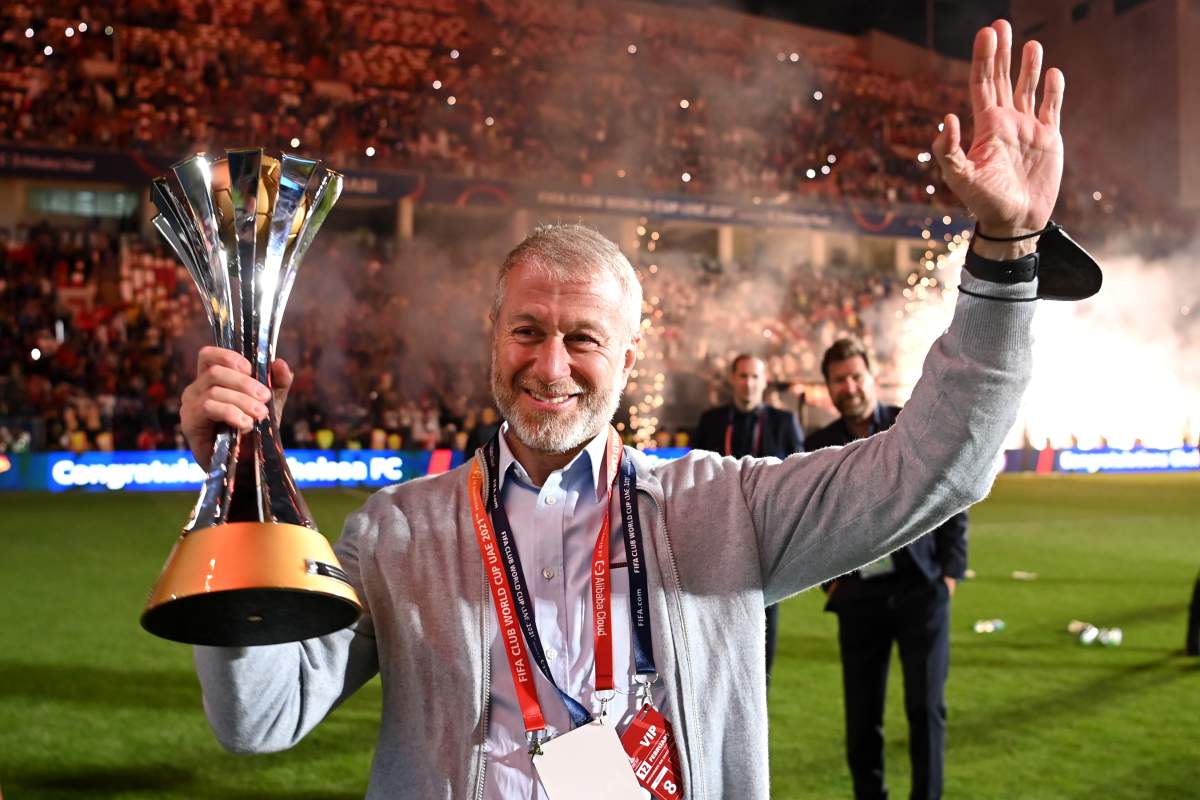 Roman Abramovich, Owner of Chelsea celebrates with The FIFA Club World Cup trophy following their side’s victory during the FIFA Club World Cup UAE 2021 Final match between Chelsea and Palmeiras at Mohammed Bin Zayed Stadium on February 12, 2022.