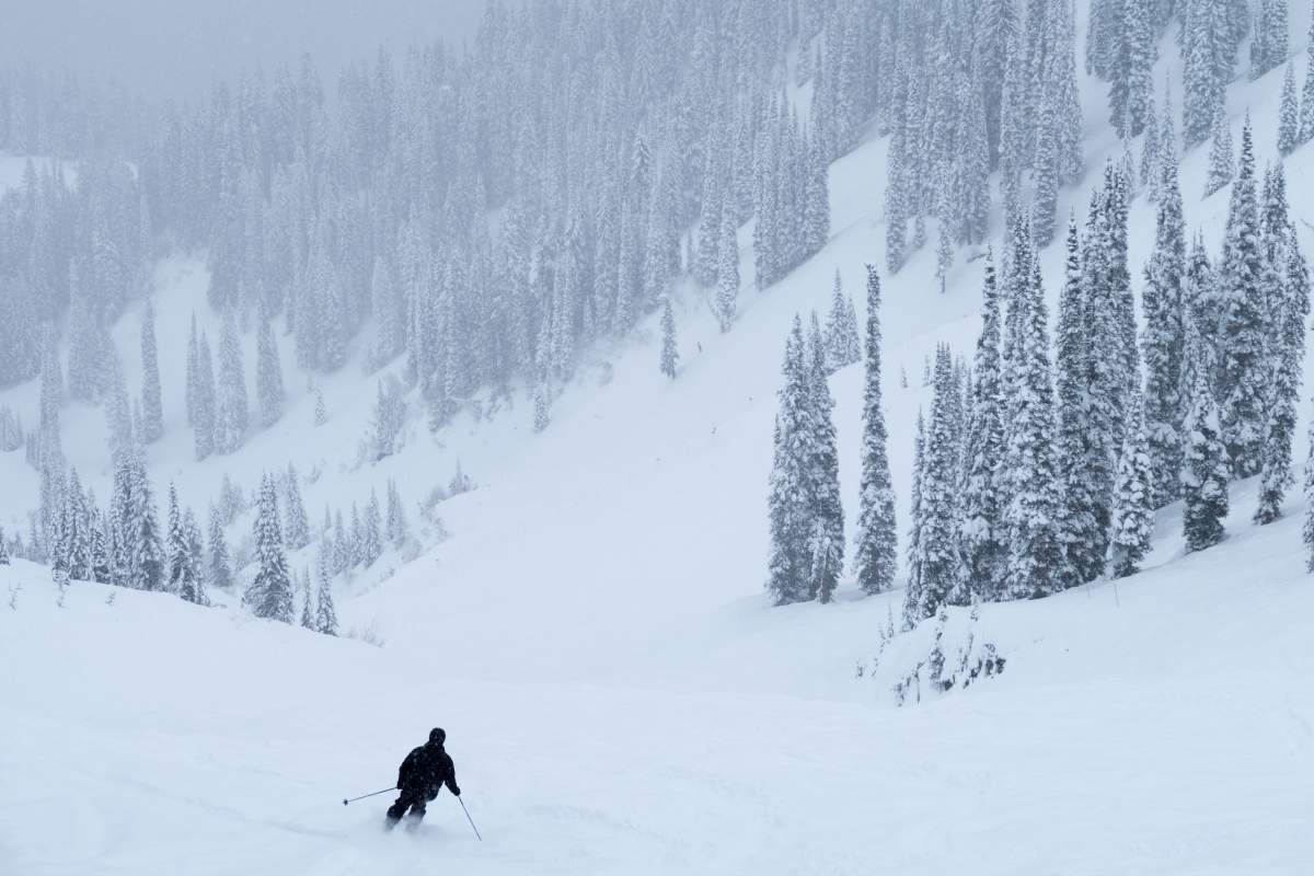 A man skis in Fernie, B.C.