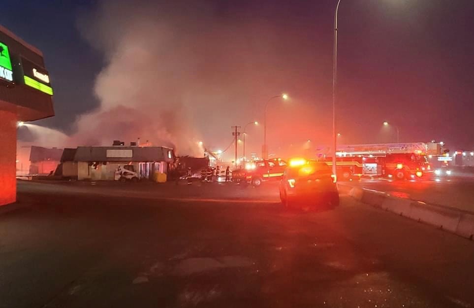 A fire broke out overnight at the Blue Heights building along Highway 97 in Kelowna.