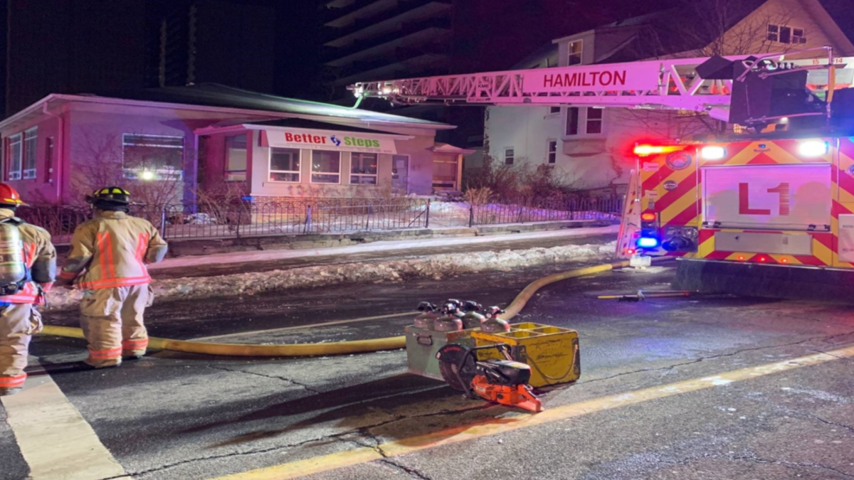 Hamilton fire knocks down a blaze at a medical services facility on John Street South, between Forest and Charlton streets, Feb. 27, 2022.