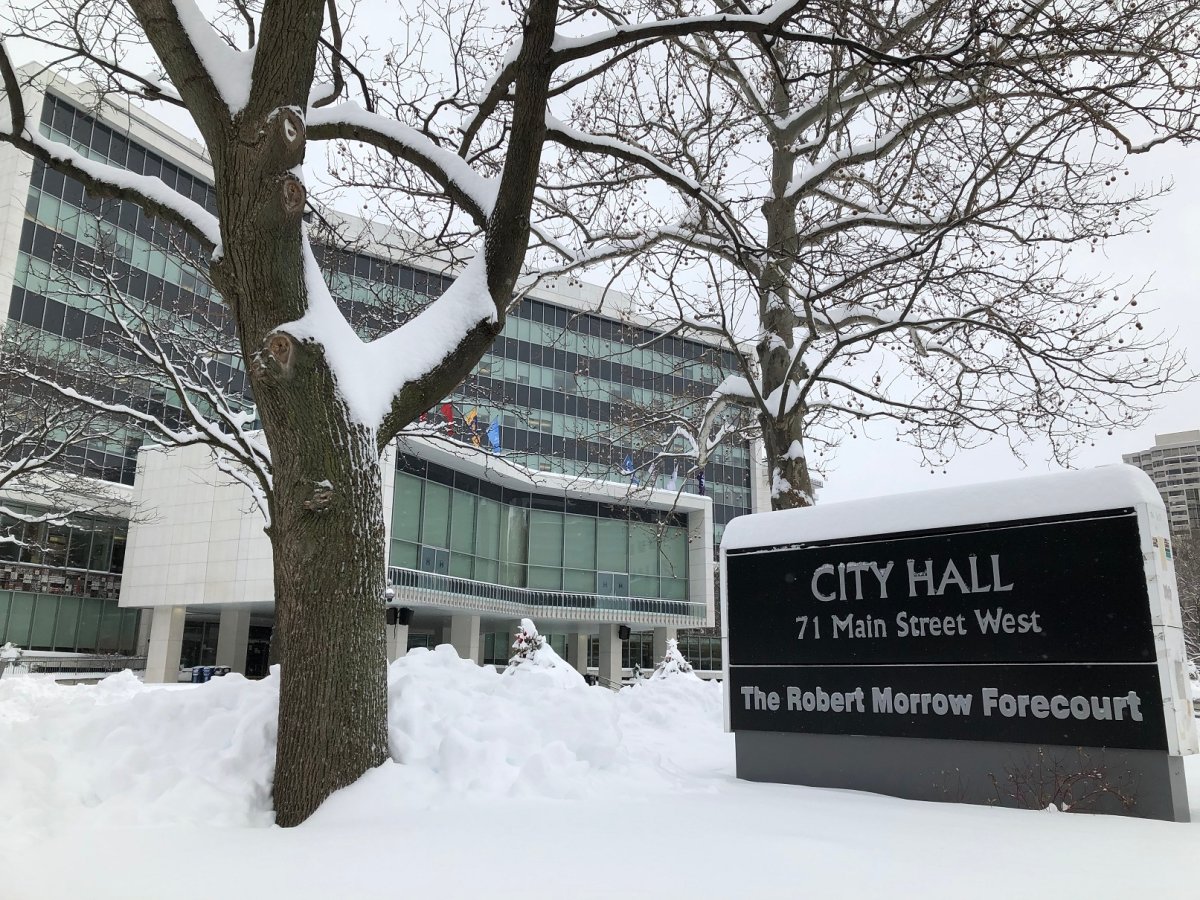 Hamilton city hall in the winter.