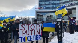 Hundreds rallied in support of Ukraine in front of Hamilton city hall on Sunday.