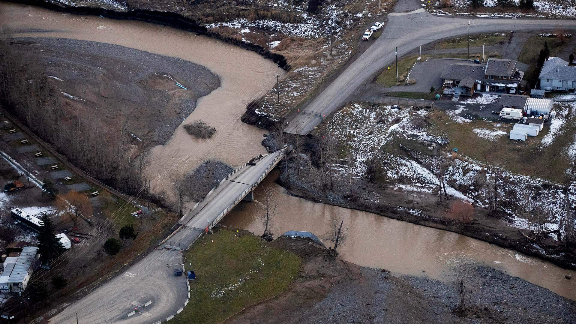 A collapsed section of bridge destroyed by severe flooding is seen in Merritt, B.C., in an aerial view from a Canadian Forces reconnaissance flight on Monday, Nov. 22, 2021.
