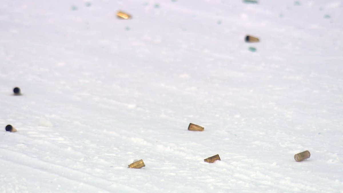 Bullet casings are seen in the snow