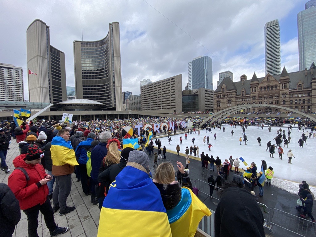 Crowds gather at Nathan Phillips Square in Toronto on Sunday, February 27, 2022, in protest of the Russian invasion of Ukraine.