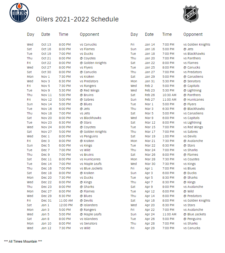 oilers schedule 2022