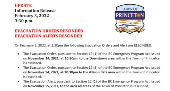 Town of Princeton rescinds evacuation alert, orders from November flooding