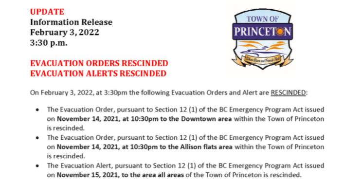 Princeton evacuation orders rescinded