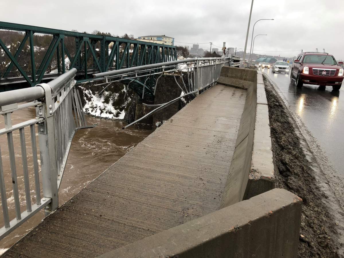 A closeup of damage to a guardrail on Reversing Falls Bridge in Saint John, N.B., on February 3, 2022.