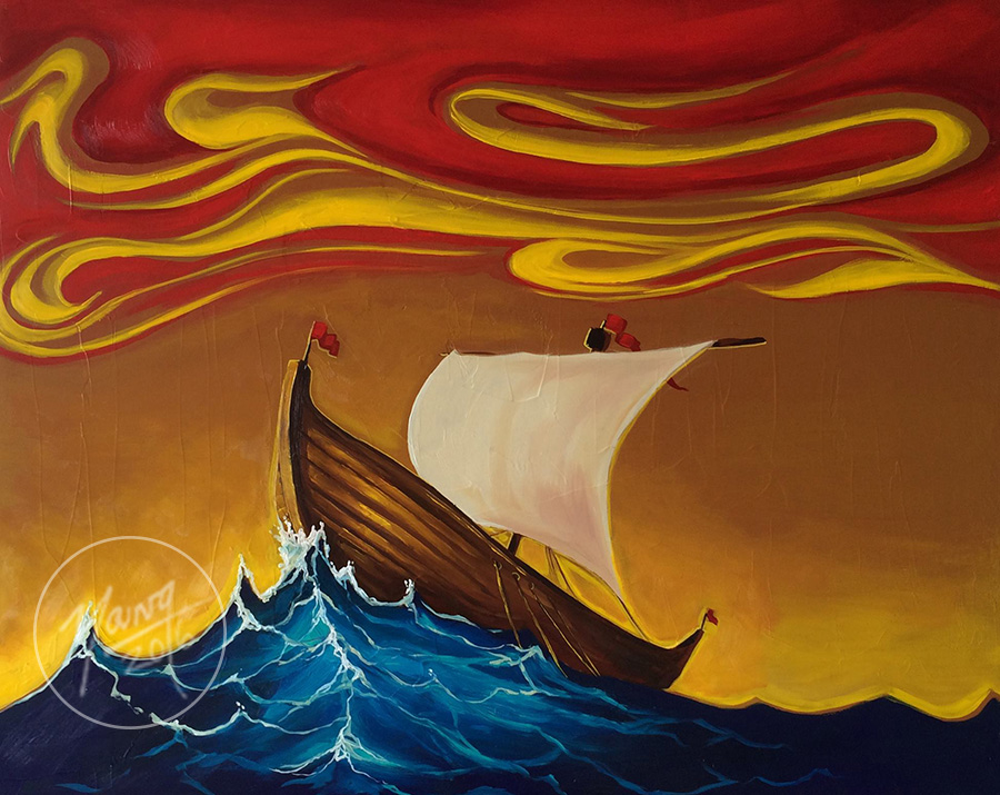 Painting "Roaring Tides" by Adam Young is seen. 