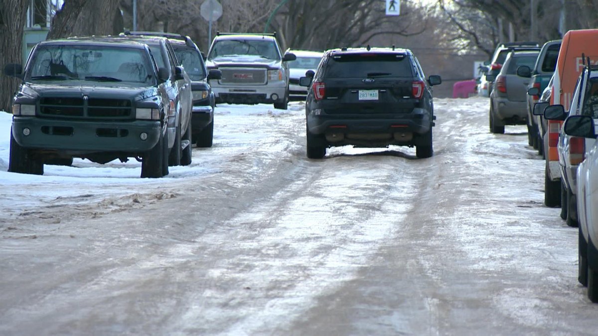 Rain overnight in Saskatoon created icy conditions on streets and sidewalks, with the temperature just above the freezing mark.