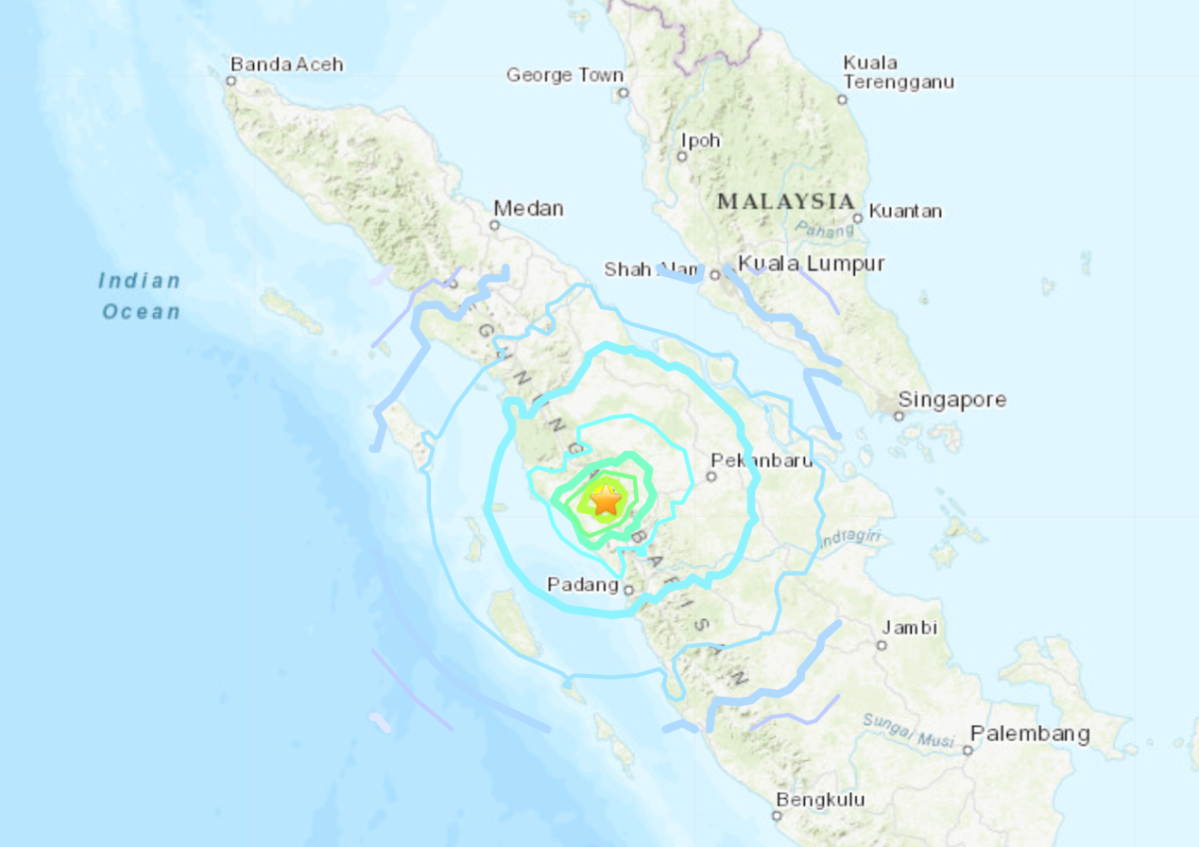 The epicentre of a 6.2-magnitude earthquake on the western coast of Indonesia on Feb. 25, 2022.