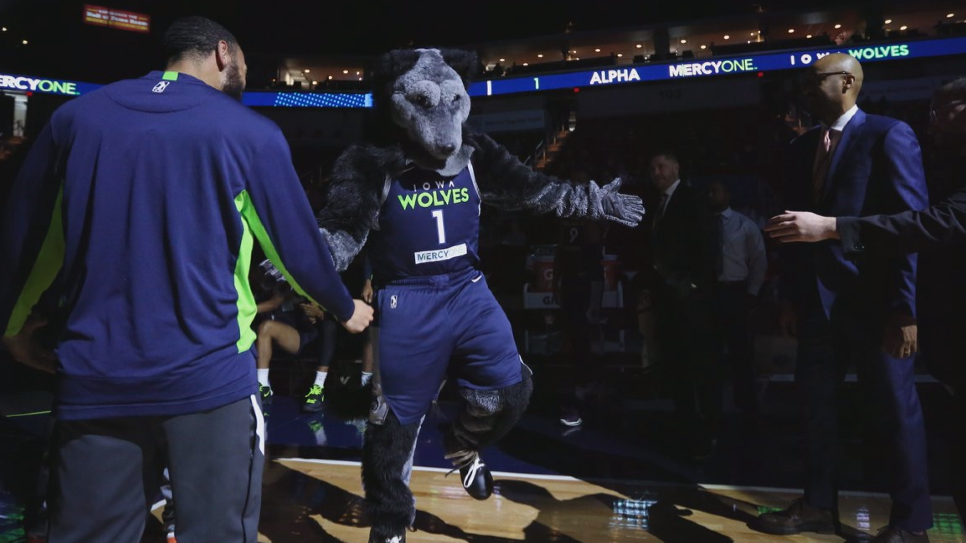 ‘Alpha’ the mascot for the Iowa Wolves of the NBA’s G-League.