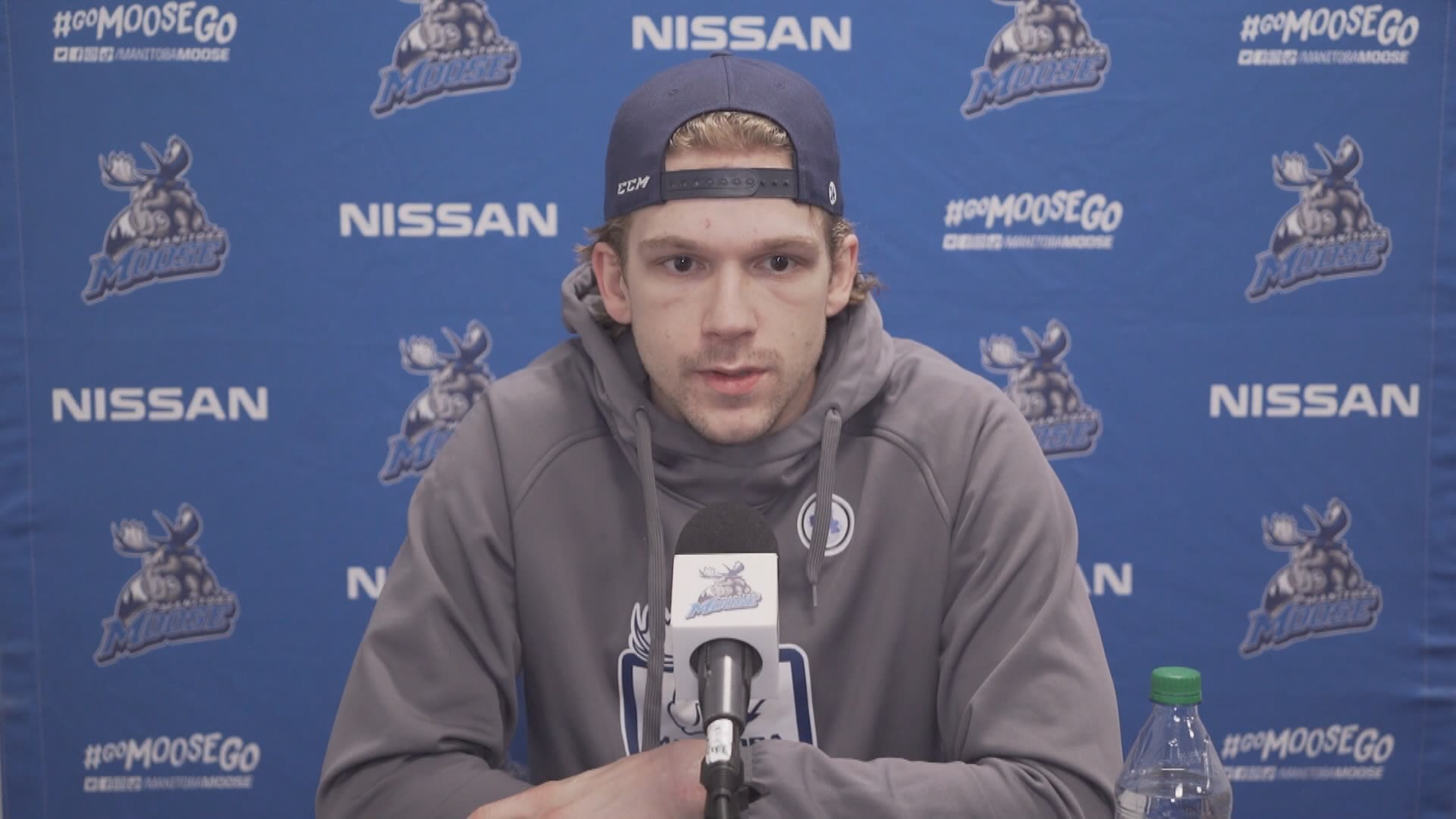 Manitoba Moose centreman Matt Alfaro speaking with reporters via Zoom call.