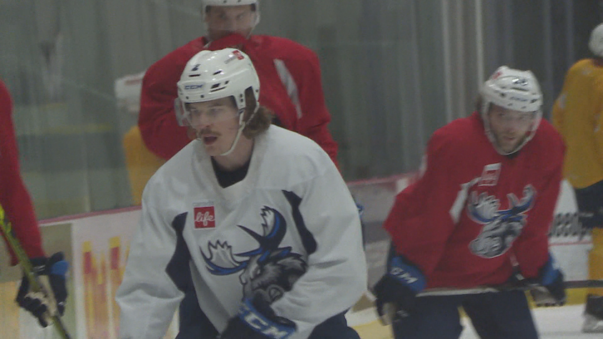 Moose defenceman Dean Stewart participating in team drills at practice.