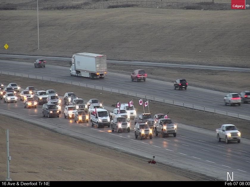 A convoy of protesters slow down Calgary's Deerfoot Trail