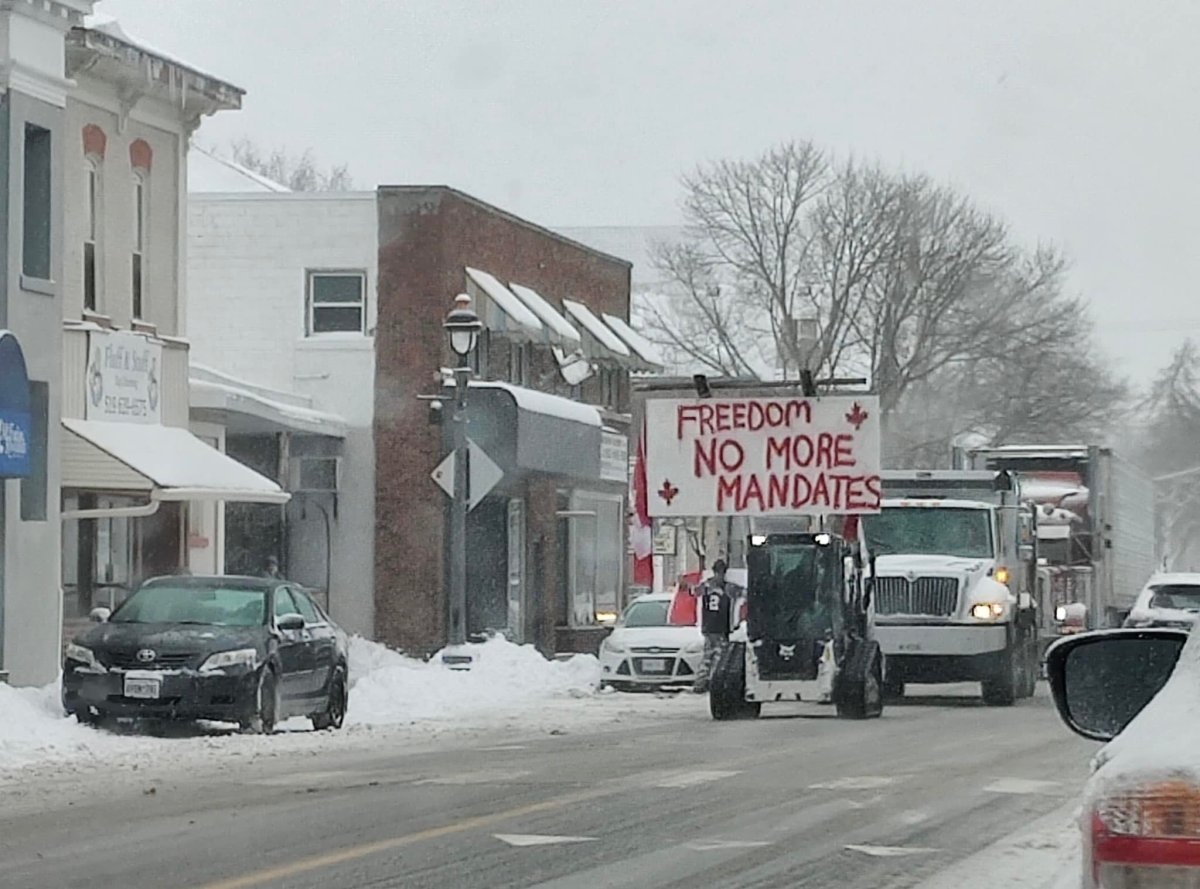 A photo posted to social media of the protest convoy as it passed through Aylmer, Ont., on Thursday afternoon.