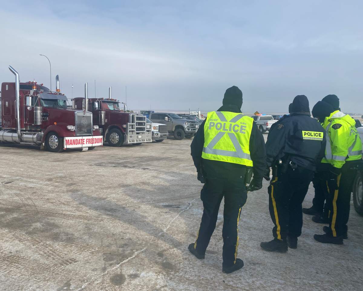 A new blockade was set up near the Coutts border crossing on Day 6 of the protest Thursday, Feb. 3, 2022.