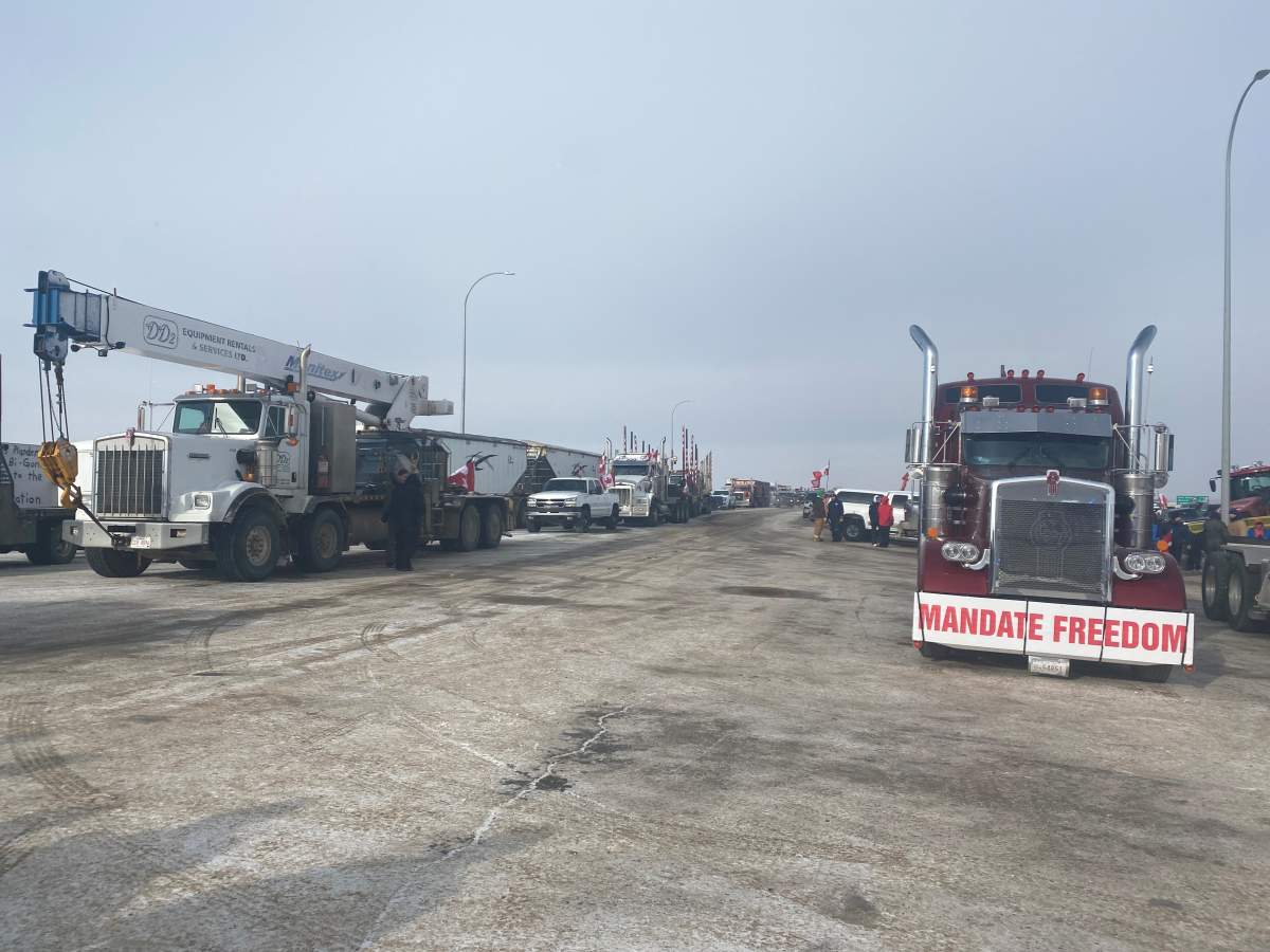 A new blockade was set up near the Coutts border crossing on Day 6 of the protest Thursday, Feb. 3, 2022.