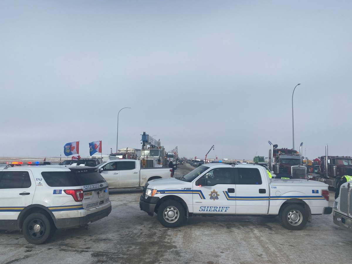 A new blockade was set up near the Coutts border crossing on Day 6 of the protest Thursday, Feb. 3, 2022.