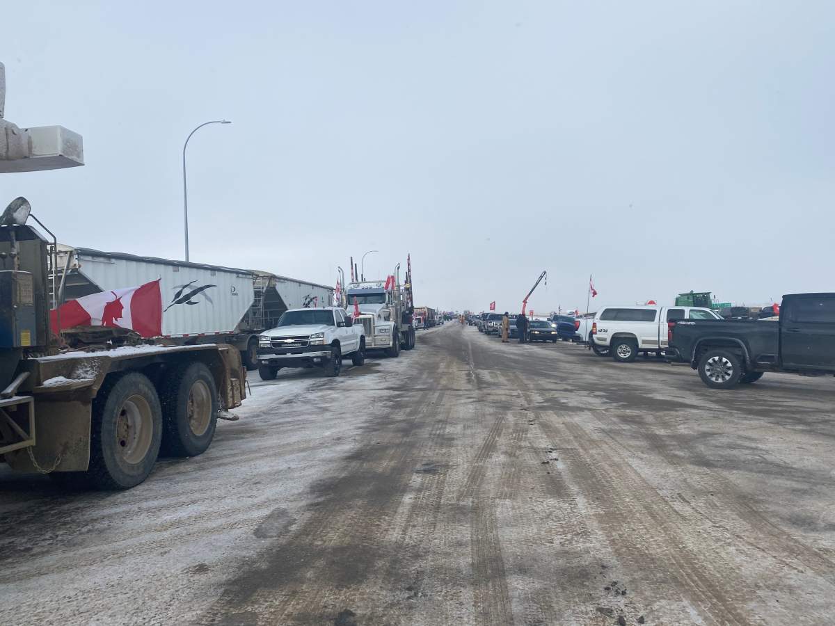 A new blockade was set up near the Coutts border crossing on Day 6 of the protest Thursday, Feb. 3, 2022.