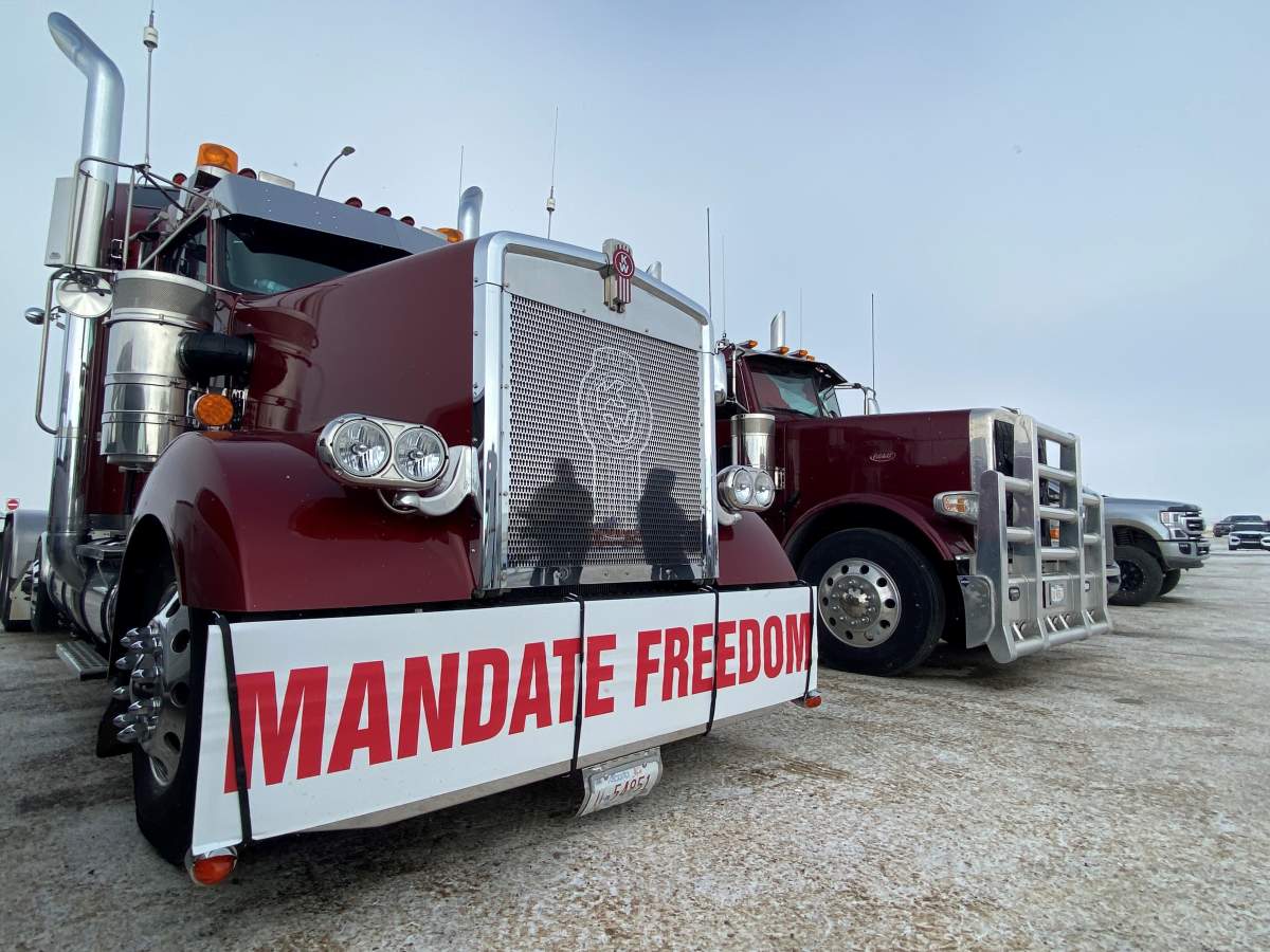 A new blockade was set up near the Coutts border crossing on Day 6 of the protest Thursday, Feb. 3, 2022.