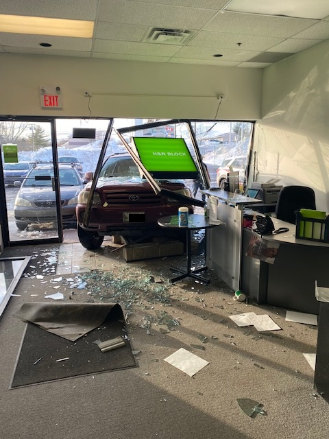 An SUV crashed into an H&R Block business in New Glasgow on Feb. 2, 2022. No injuries were reported.  