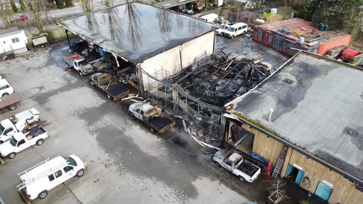 An aerial view of the aftermath of a suspicious fire at the PNE.