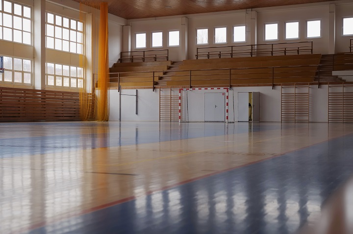 An empty school gymnasium.