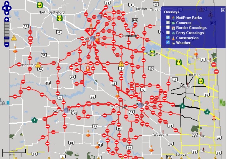 A file image of the Highway Hotline showing road closures in Saskatchewan.