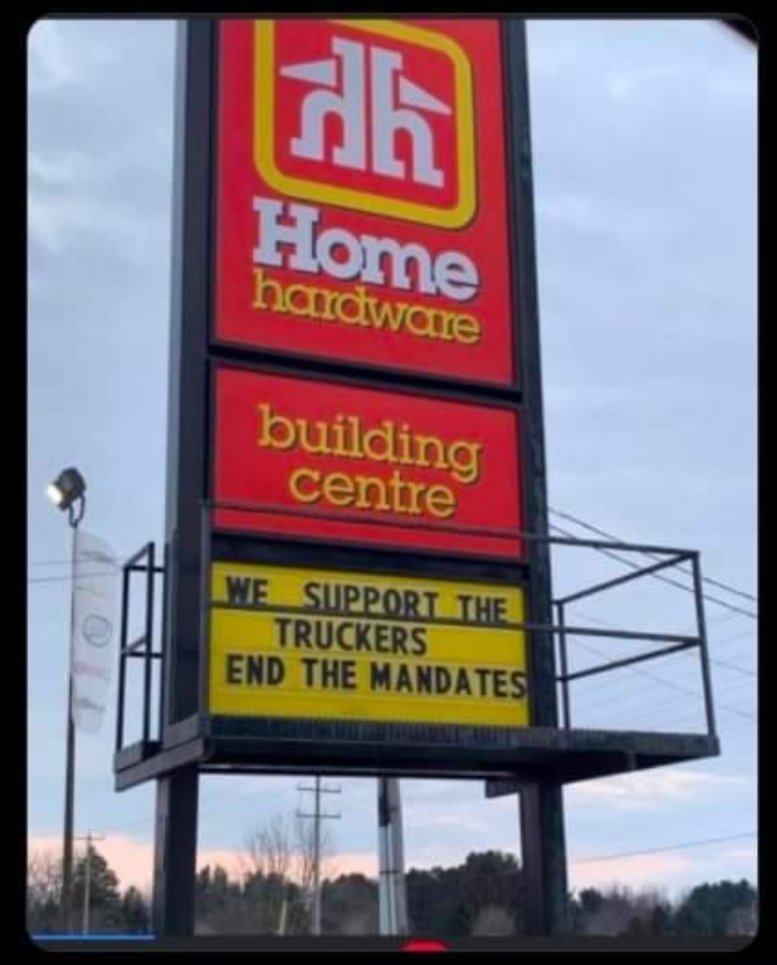 home hardware truck convoy protest sign strathroy