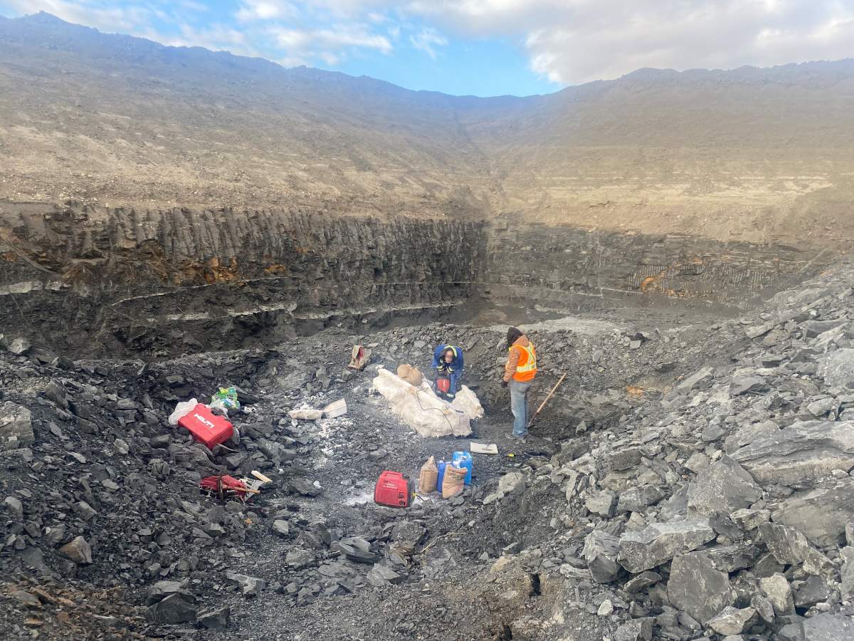 A team works at an excavation site near Lethbridge, Alta., after the discovery of mosasaur fossils in January 2022.