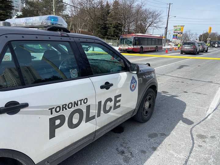 Police at the scene following a fatal pedestrian-involved collision near Finch Avenue and McCowan Road on Feb 28, 2022.
