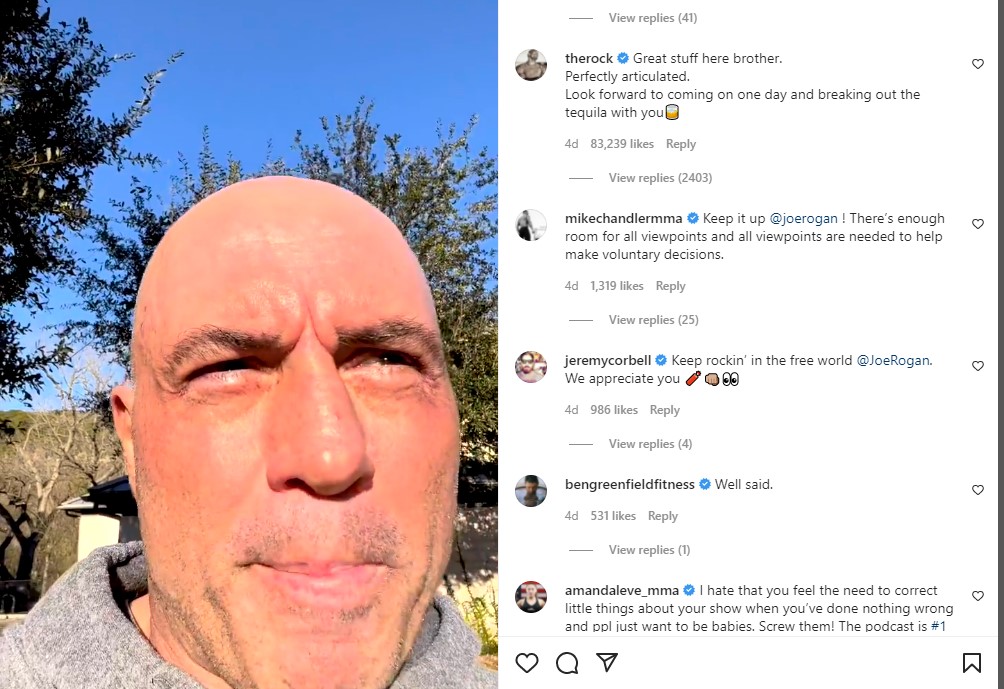 a screengrab from Joe Rogan's instagram account show's Dwayne Johnson's comment of support