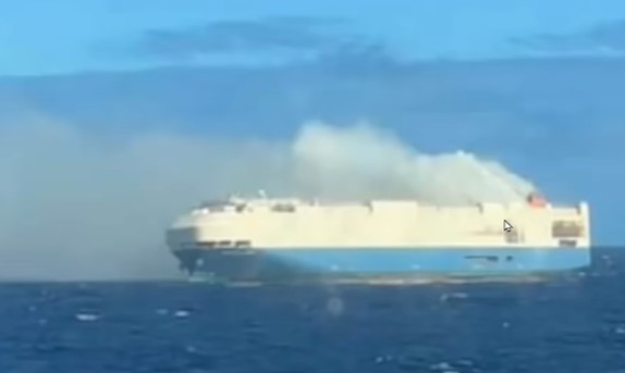 The Felicity Ace, full of cars, burns off the coast of Portugal.