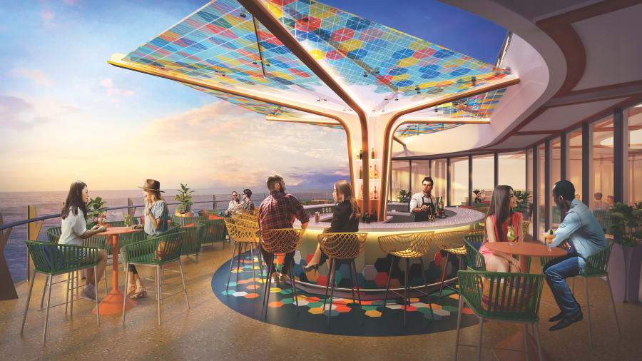 A cantilevered pool bar named "The Vue" is pictured in this rendering.