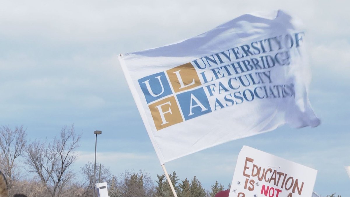 A ULFA flag flies at a student rally in support of University of Lethbridge faculty on Sunday, January 30, 2022. The event took place on University Drive W. 