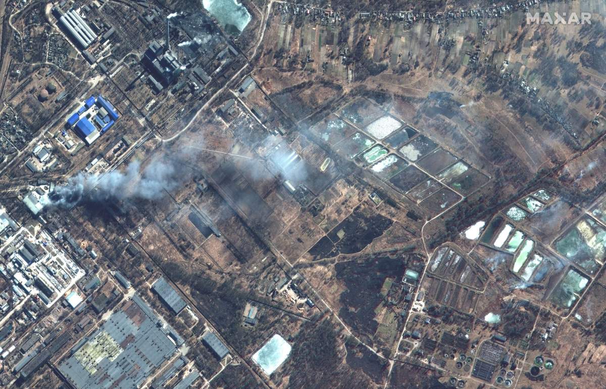 Fires burning in an industrial area and nearby fields, southern Chernihiv, Ukraine, on March 10, 2022.