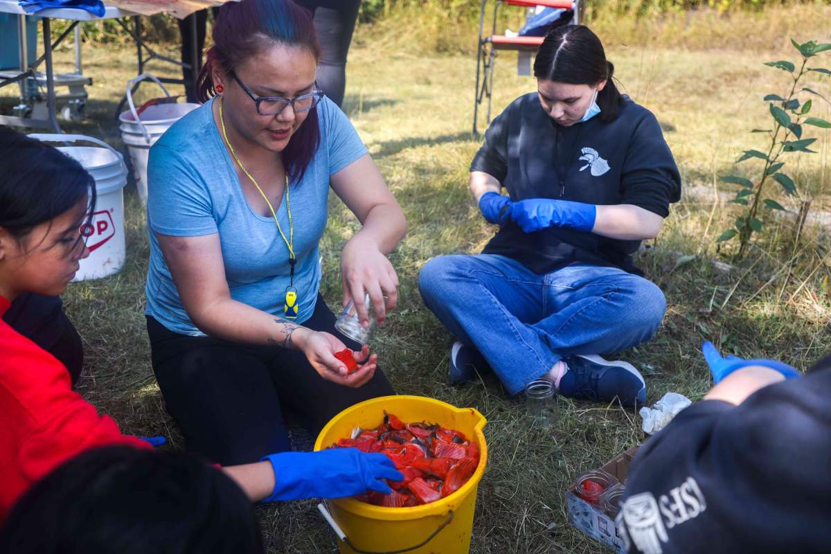 Staff at Carrier Sekani Family Services' Walk Tall program lead youth in a fish camp in 2021.
