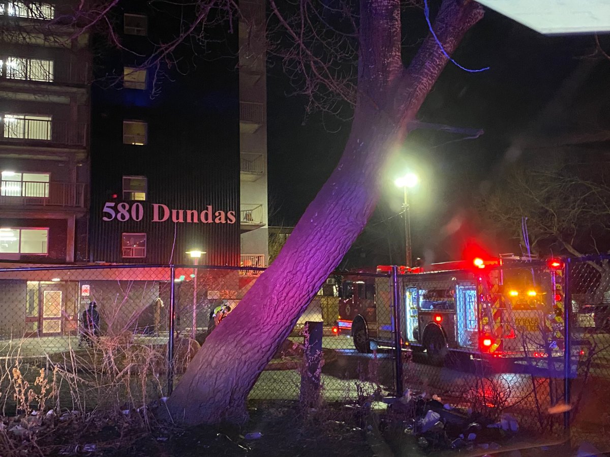 Fire crews outside 580 Dundas St. in London, Ont. on March 30, 2022. The fire has been deemed suspicious by police.