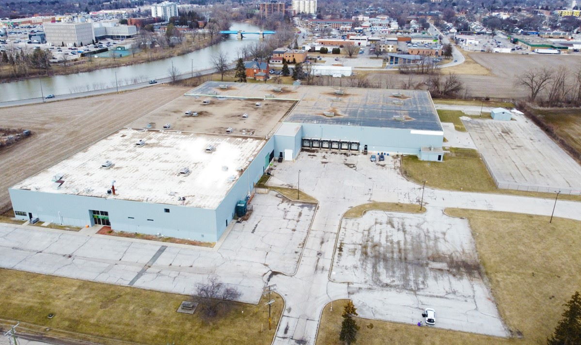 An aerial shot of the Irwin street building in Chatham-Kent.
